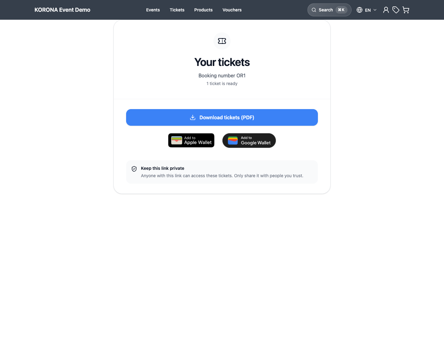 Customer ticket download page with booking summary and ticket actions