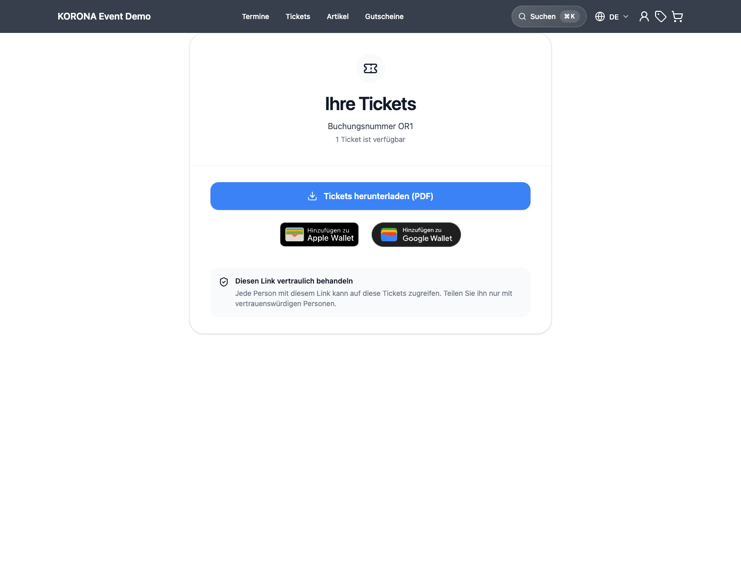 Ticket-Download-Seite für Kunden mit Buchungsübersicht und Ticket-Aktionen