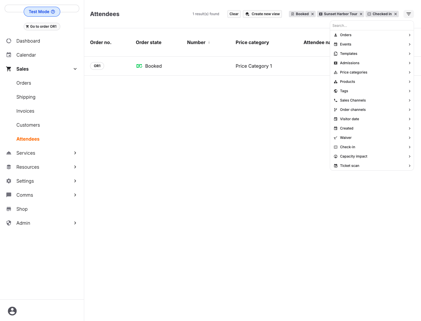 Attendee list filter with price categories and products