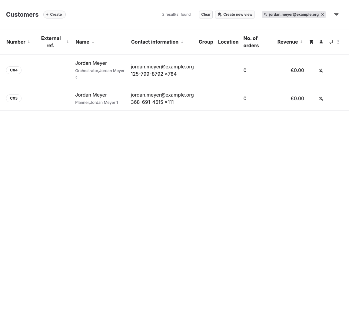 Customer list filtered to similar customer records