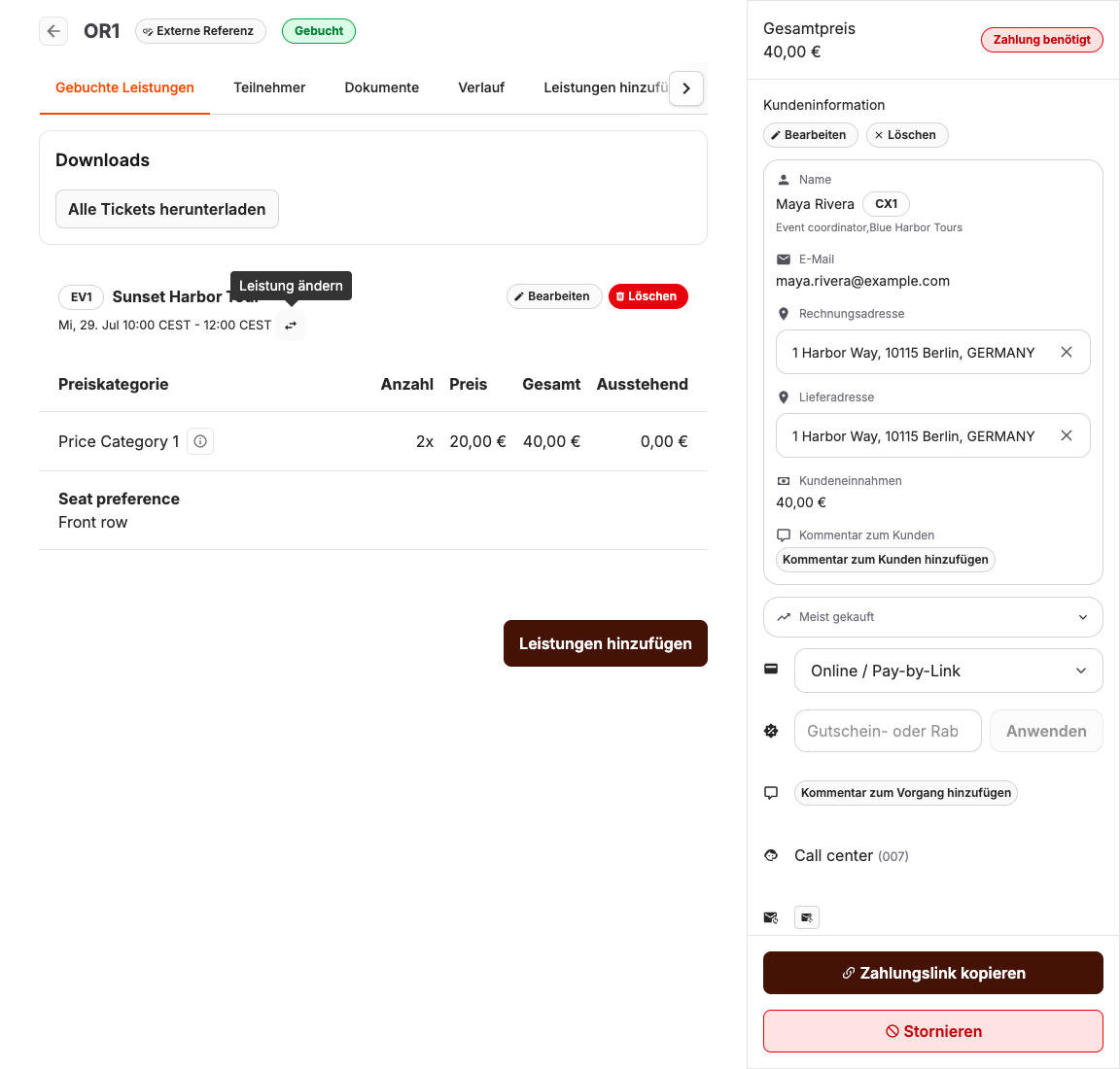 Auftragsdienstlinie mit den Aktionen „Startzeit ändern“ und „Angebot ändern“