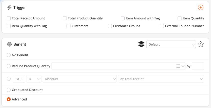 Advanced benefit selected with External Coupon Number unchecked under Trigger