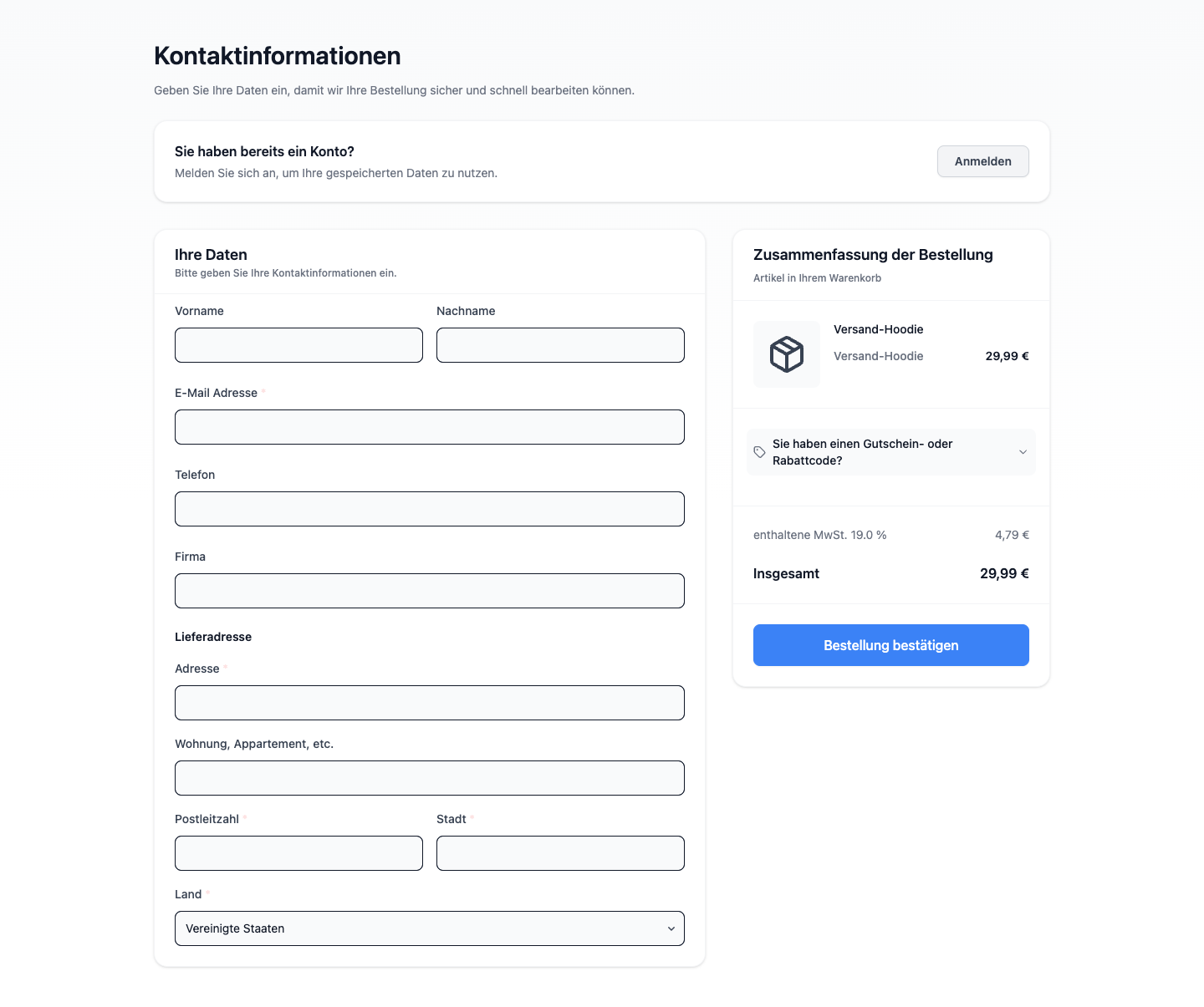 Kassenabwicklung im Online-Shop mit einem Pflichtfeld für die Lieferadresse und ohne Felder für die Rechnungsadresse