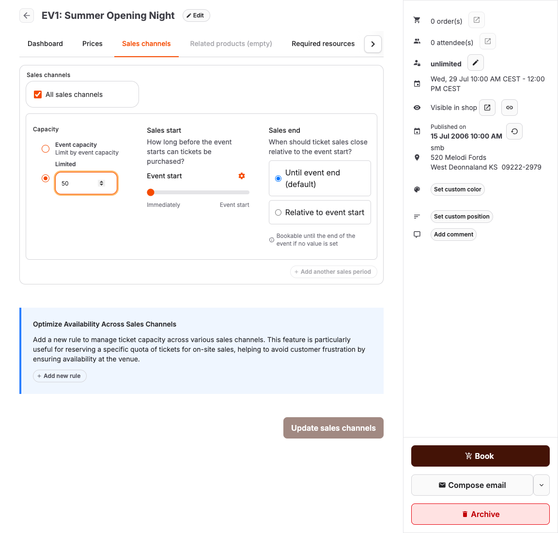 Offer Sales channels tab with point-of-sale and sales-period controls