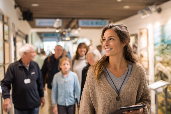 a woman in a brown sweater is holding a tablet and smiling