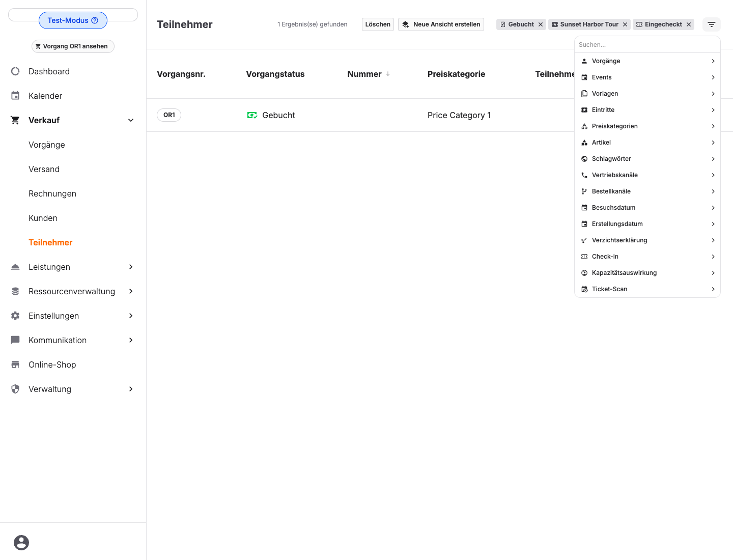 Filter der Teilnehmerliste mit Preiskategorien und Artikeln