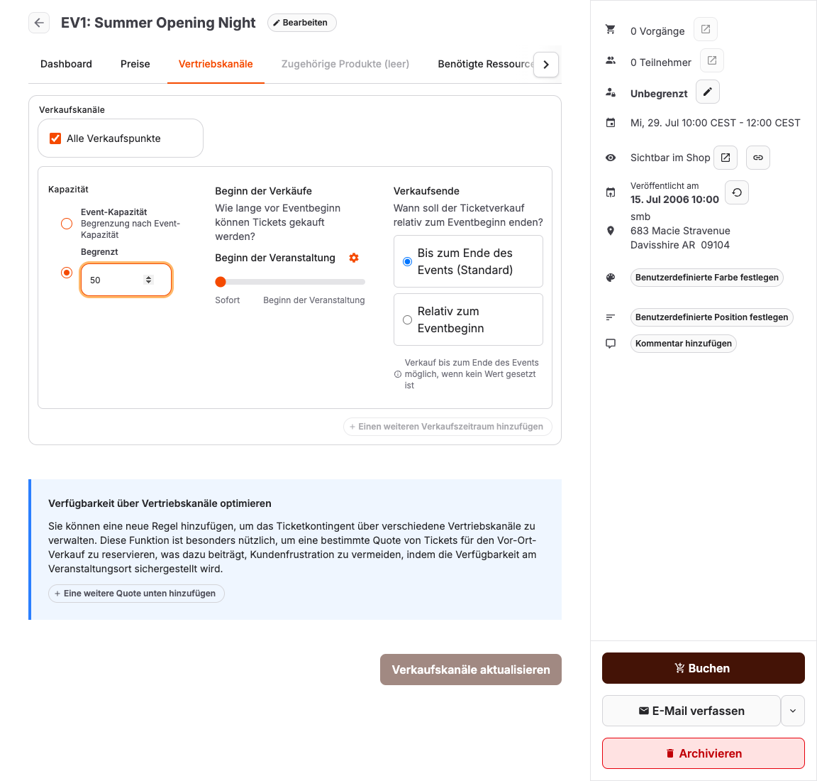 Registerkarte „Vertriebskanäle“ mit Steuerelementen für Verkaufsstellen und Verkaufszeiträume