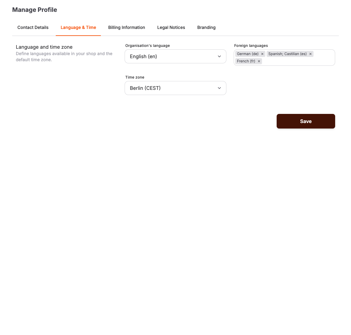Language and time settings in the account profile