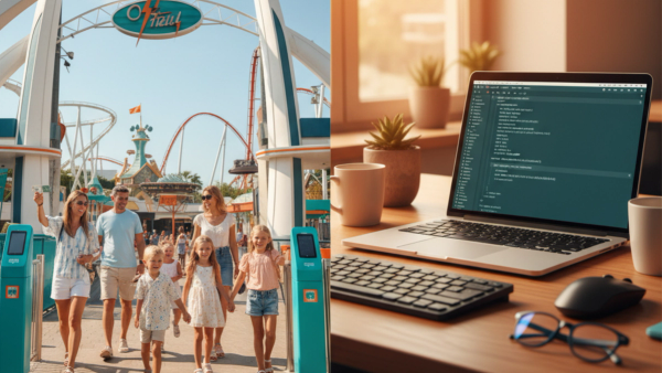 Professional split-screen photo: Left half shows happy families entering a modern European theme park on sunny day, scanning tickets at entrance. Right half shows clean developer workspace with MacBook showing Ruby on Rails code, warm lighting. Connected visual style, teal and orange color scheme, website hero image, photorealistic, high quality