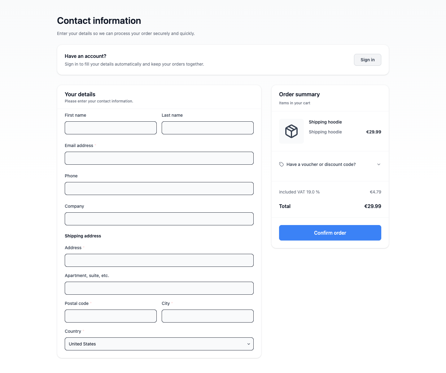 Online shop checkout with a required shipping address and no billing address fields