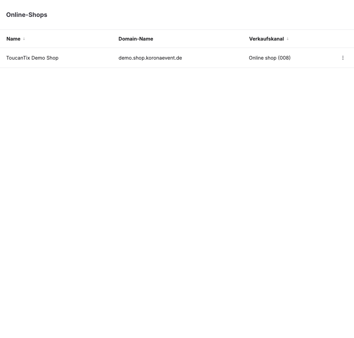 Shop-Liste, in der in der Spalte „Domainname“ die Standardadresse des Shops angezeigt wird