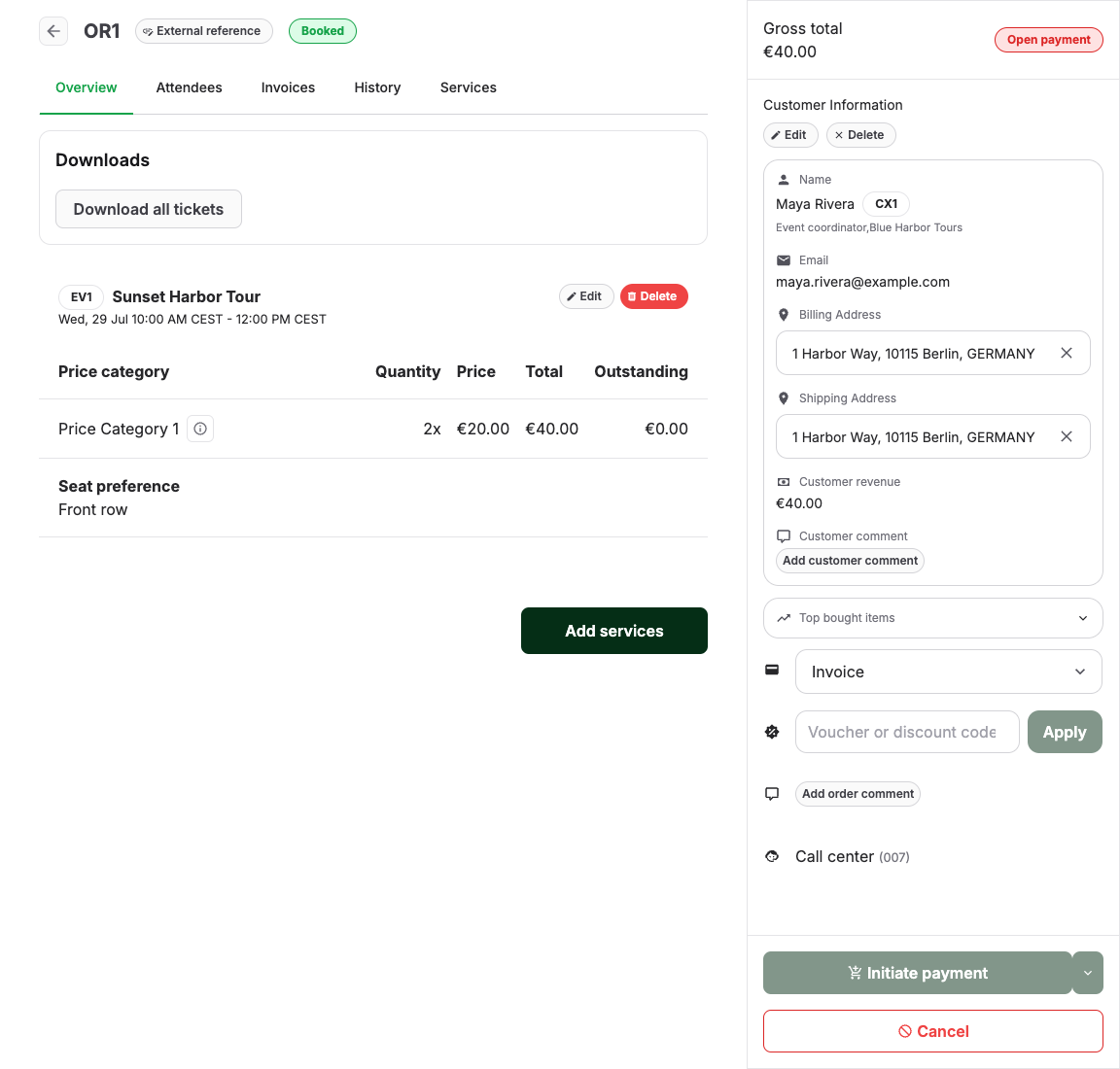 Order overview with customer, payment, document, and booking actions