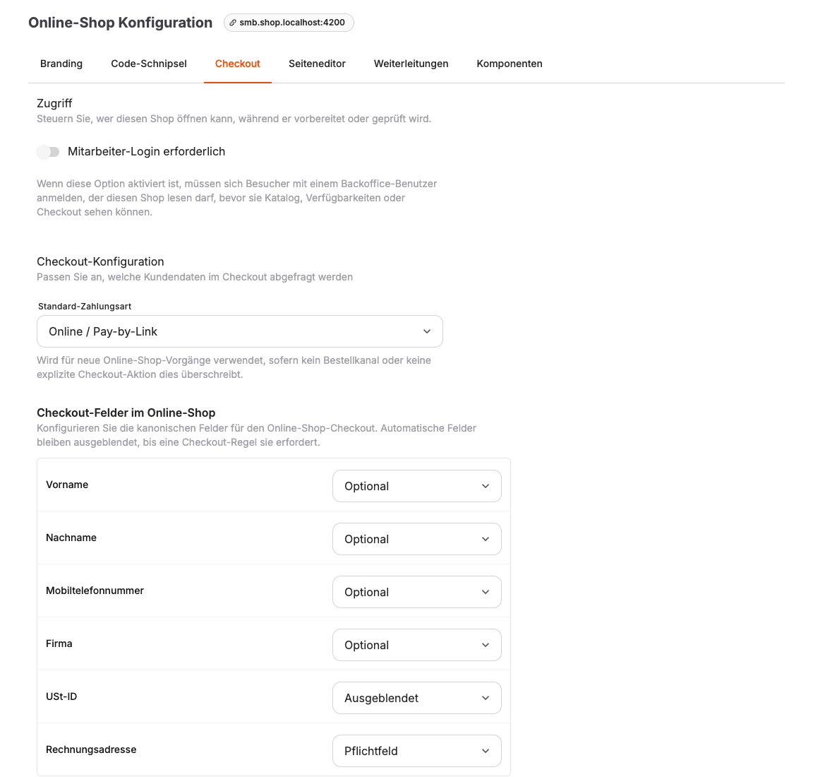 Registerkarte „Konfiguration der Kaufabwicklung“ für einen Online-Shop