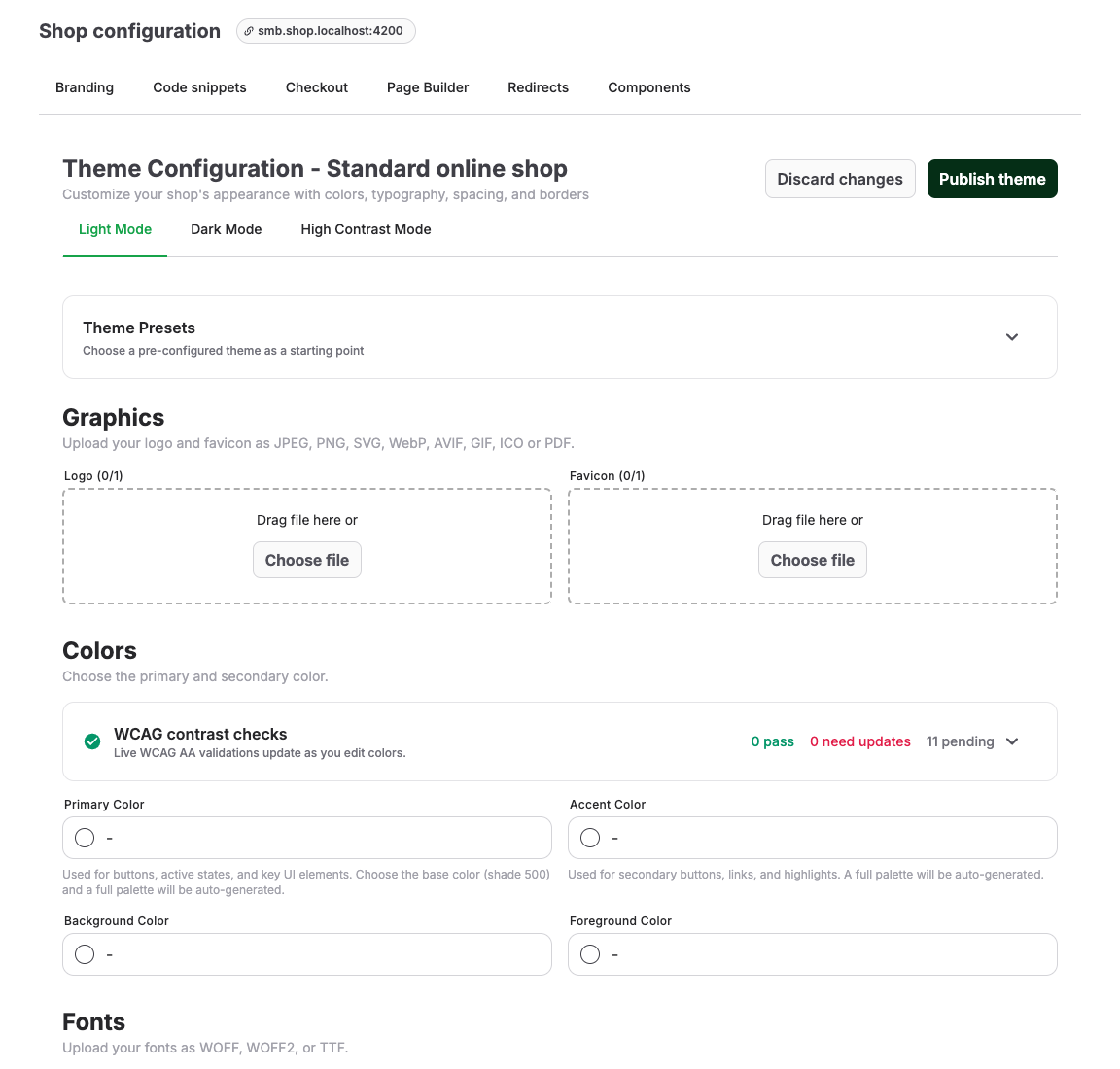 Shop theme editor with colors, controls, preview, and publish actions