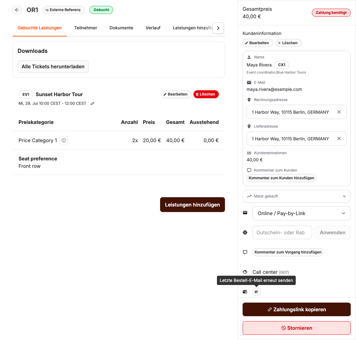 Bestellübersicht, in der die Aktion „Letzte Bestellung per E-Mail erneut senden“ angezeigt wird