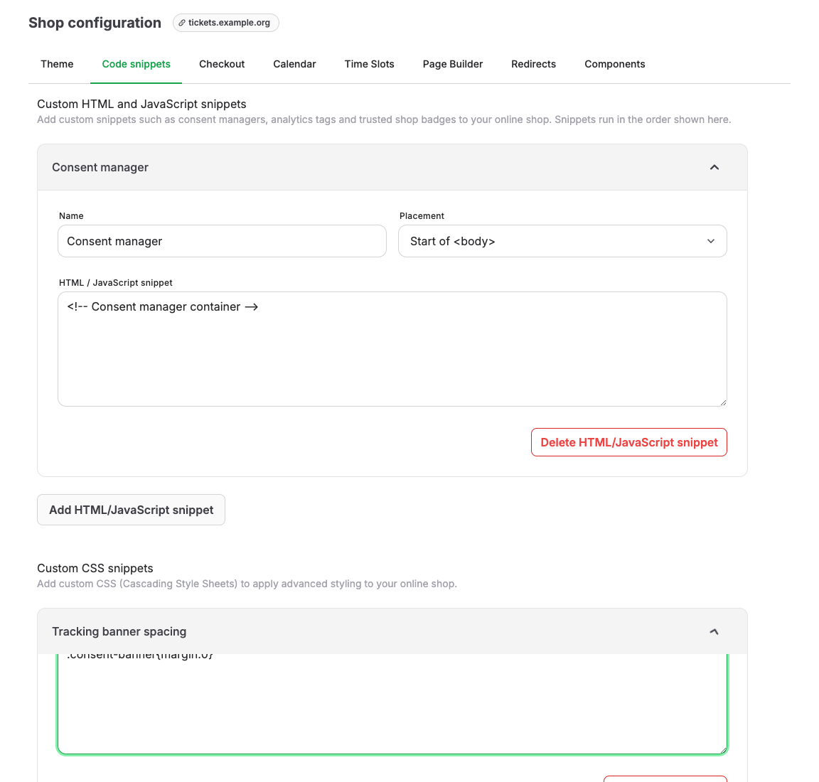 Shop code snippets for analytics and consent