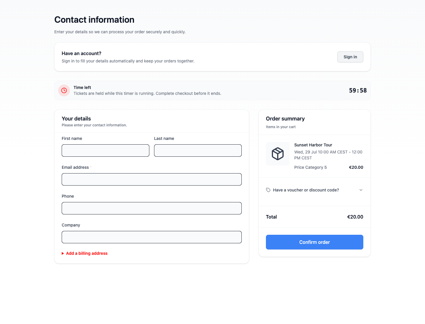 Online shop checkout with the optional billing address collapsed behind an Add a billing address disclosure