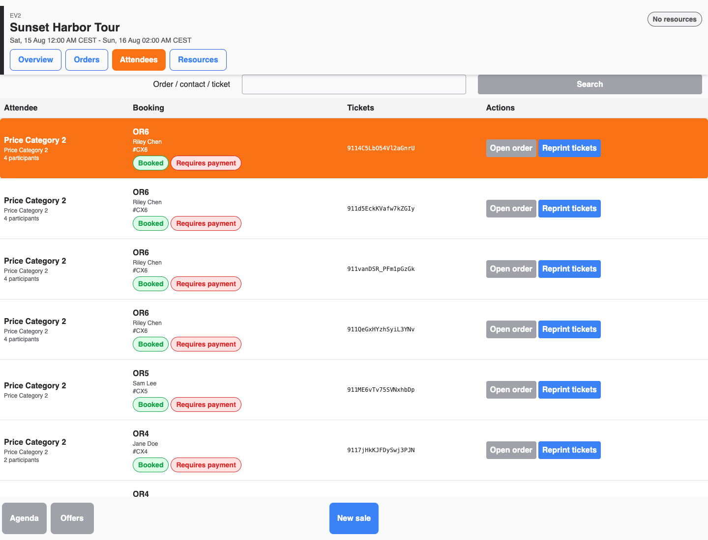 POS attendance list for ticket lookup and entry operations