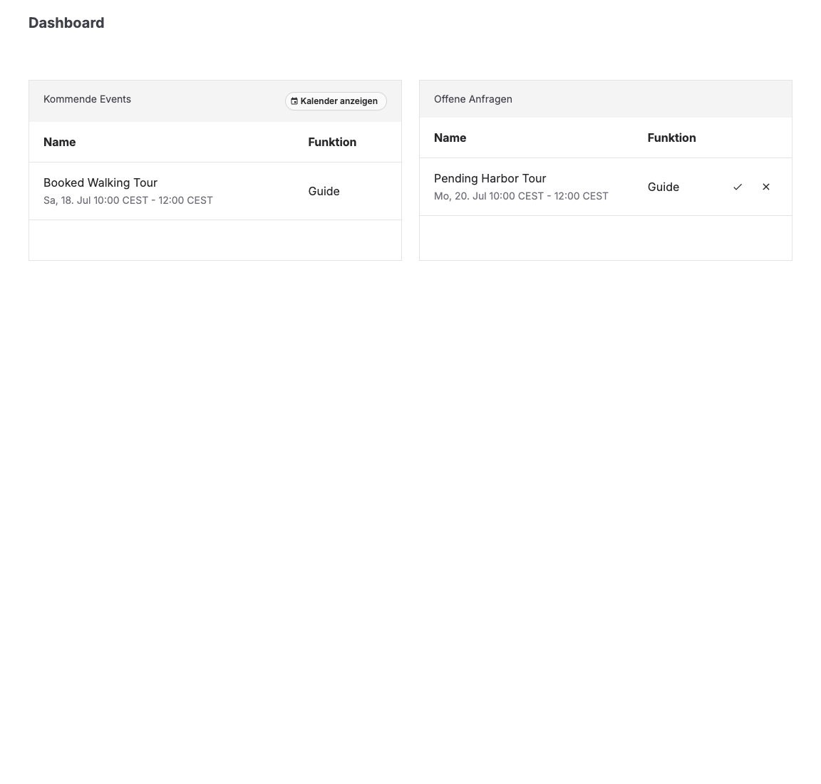 Benutzer-Dashboard für Ressourcen mit anstehenden Terminen und offenen Anfragen