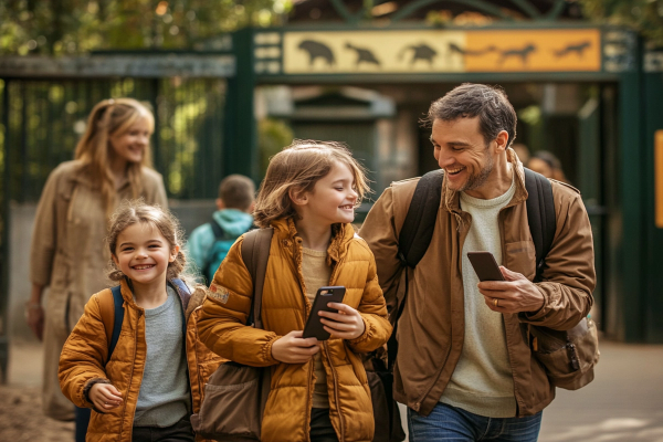 a man is looking at his phone while walking with two children