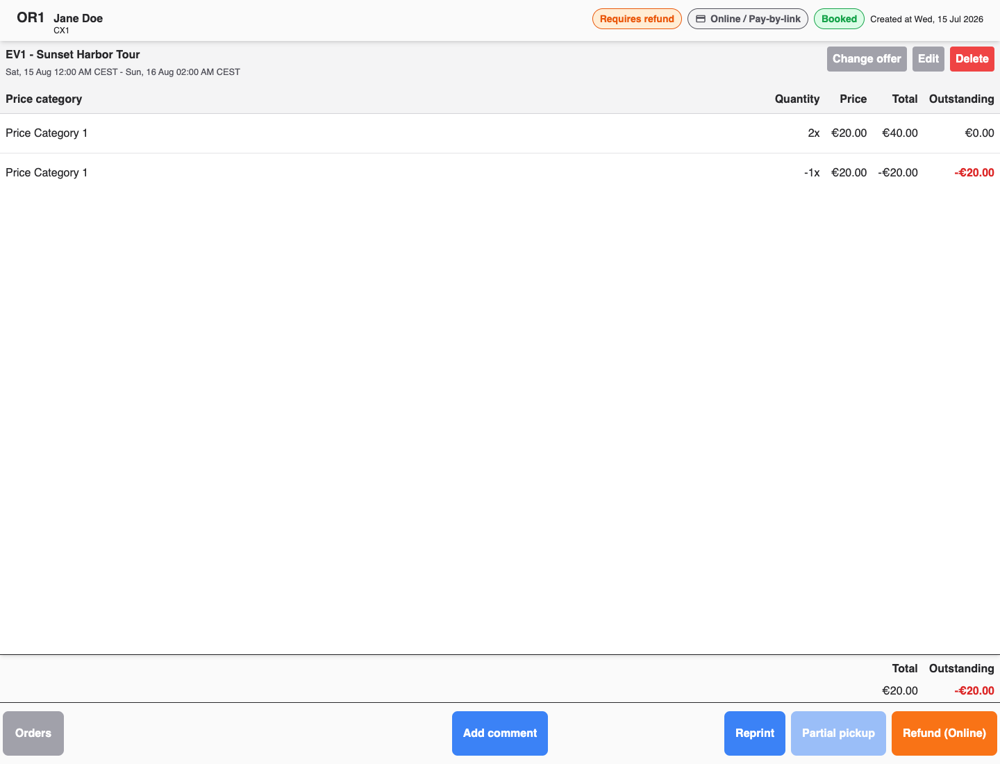 POS refund dialog with online and receipt choices for a negative unsettled amount