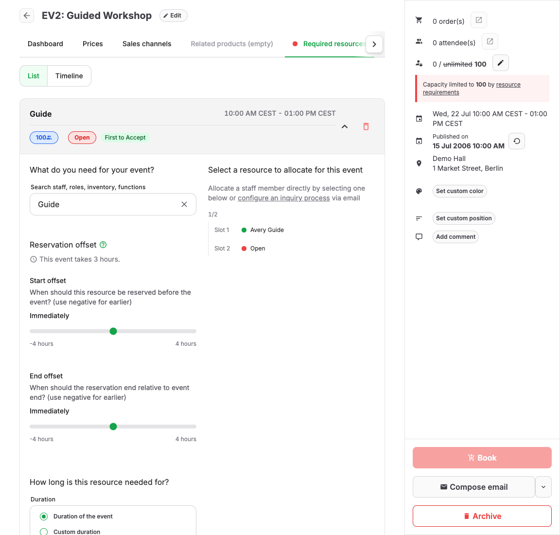 Event resource requirements and capacity state