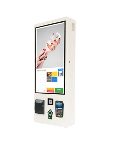 a white kiosk with a picture of a woman holding a cup of ice cream .