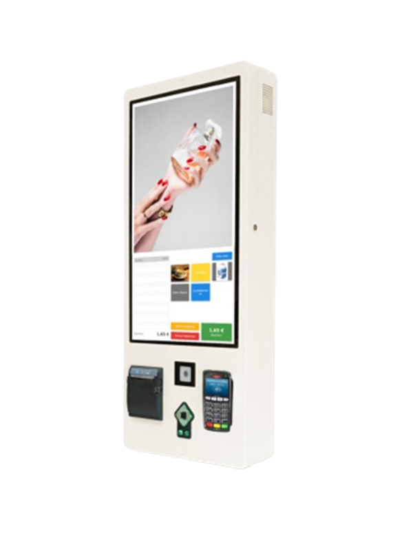 a white kiosk with a picture of a woman holding a cup of ice cream .