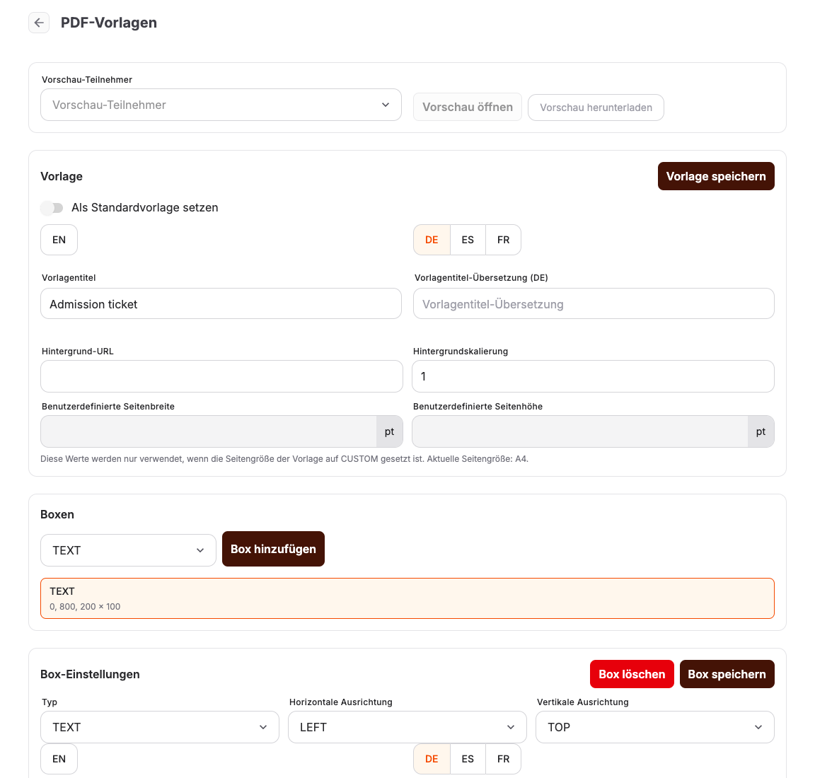 PDF-Vorlageneditor für Tickets mit Layout-Steuerelementen und Vorschau