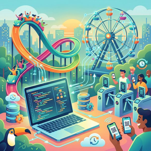A vibrant, modern illustration showing a laptop with code on the screen in the foreground, surrounded by iconic elements of theme parks and attractions - a colorful roller coaster track winding in the background, a Ferris wheel, admission turnstiles, and stylized visitors holding mobile tickets. Include subtle technical elements like API connection lines, database icons, and real-time sync symbols integrated into the scene