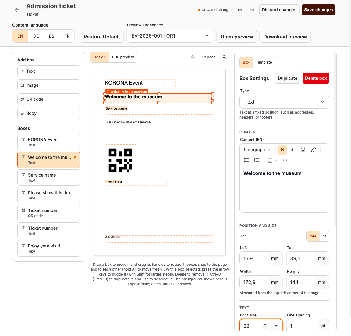 Selected ticket heading with resize handles, content editor, millimetre position fields, and an Unsaved changes status