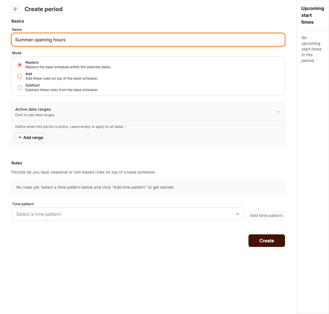 Time pattern period editor with mode, active date ranges, and grouped rules