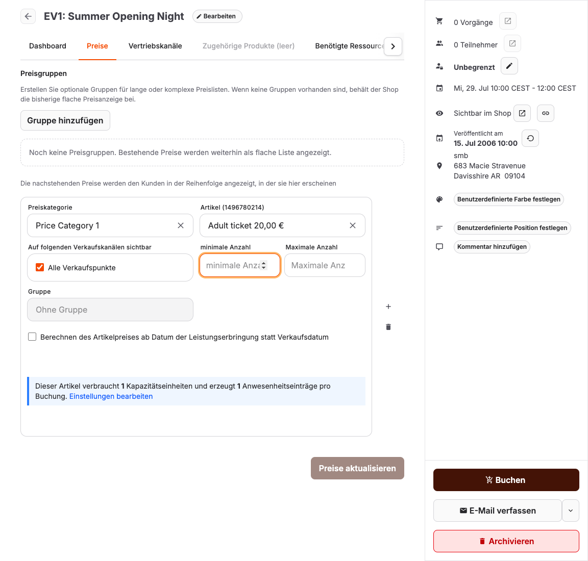 Registerkarte „Veranstaltungspreise“ mit Steuerelementen für Preiskategorie, Produkt, Menge und Sichtbarkeit im Verkauf