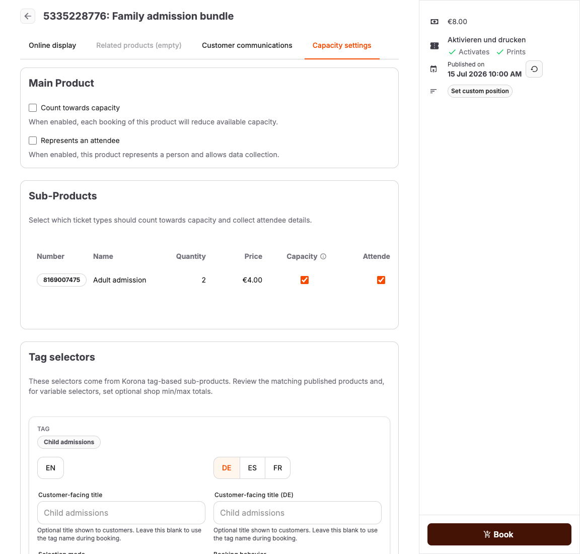 Product Capacity settings with the Represents an attendee switch