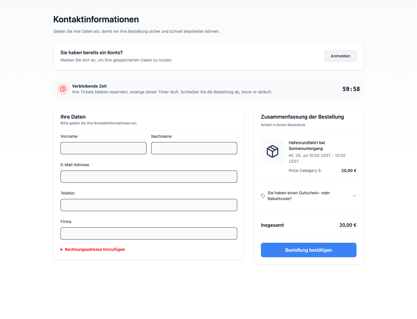 Die Kasse des Online-Shops, bei der die optionale Rechnungsadresse hinter dem Link „Rechnungsadresse hinzufügen“ ausgeblendet ist