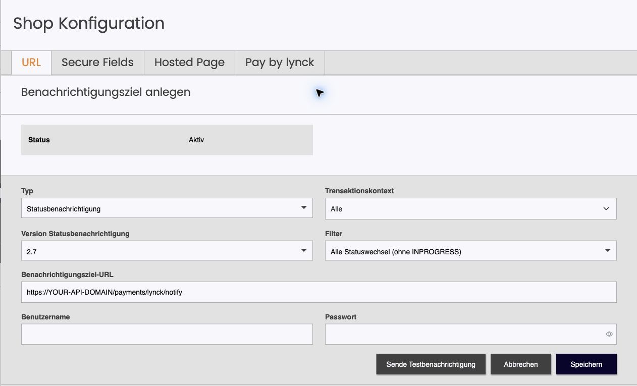 Lynck-Statusbenachrichtigungsformular in Version 2.7, alle Kontexte, der empfohlene Filter und leere Anmeldefelder
