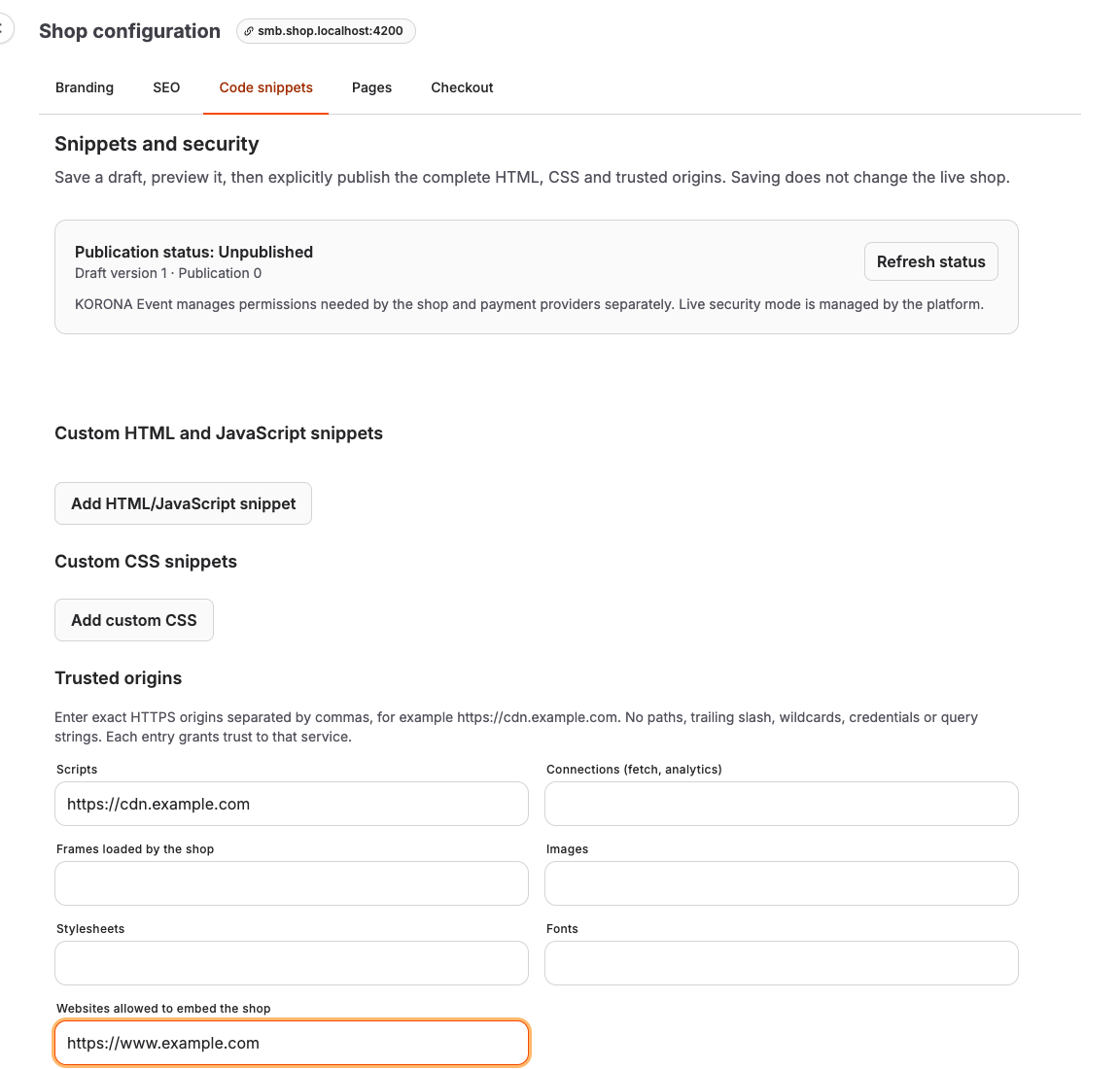 Shop snippet editor with draft actions and separate trusted-origin categories