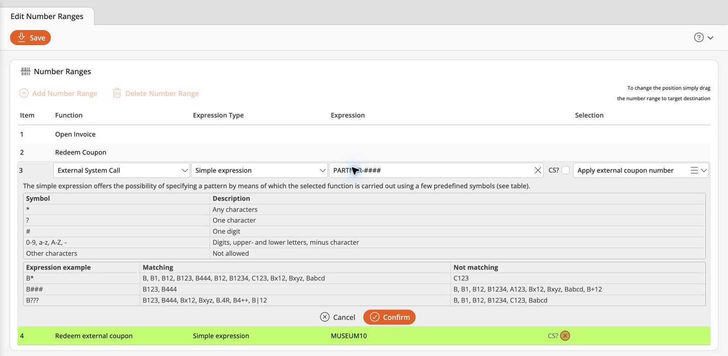 Partner coupon number range with a four-digit pattern and an external system call
