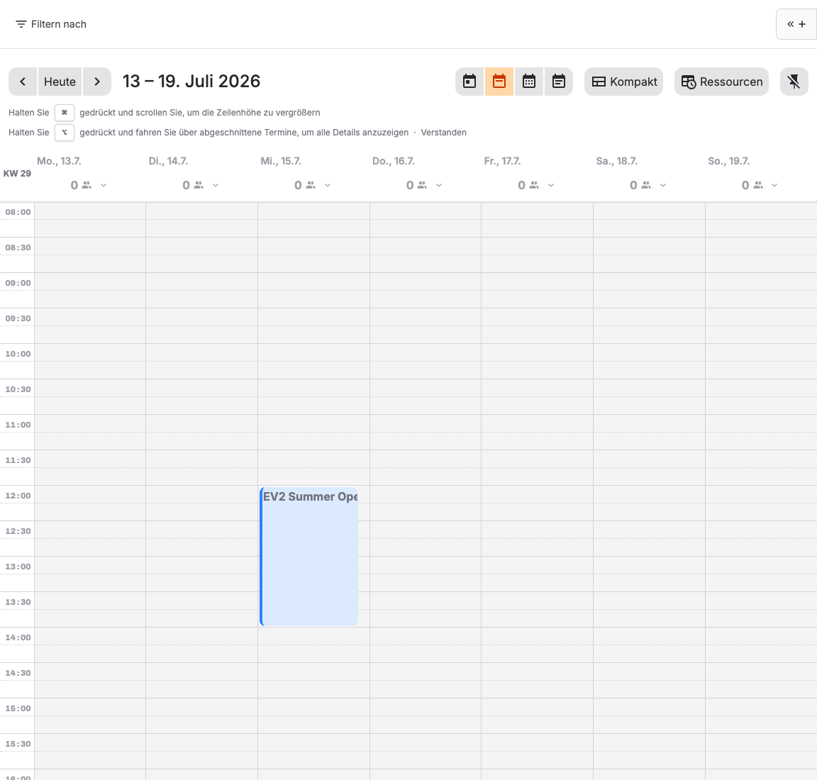 Backoffice-Kalender mit Ansichtsoptionen, Terminkarten, Ressourcen und aktiven Zeiträumen