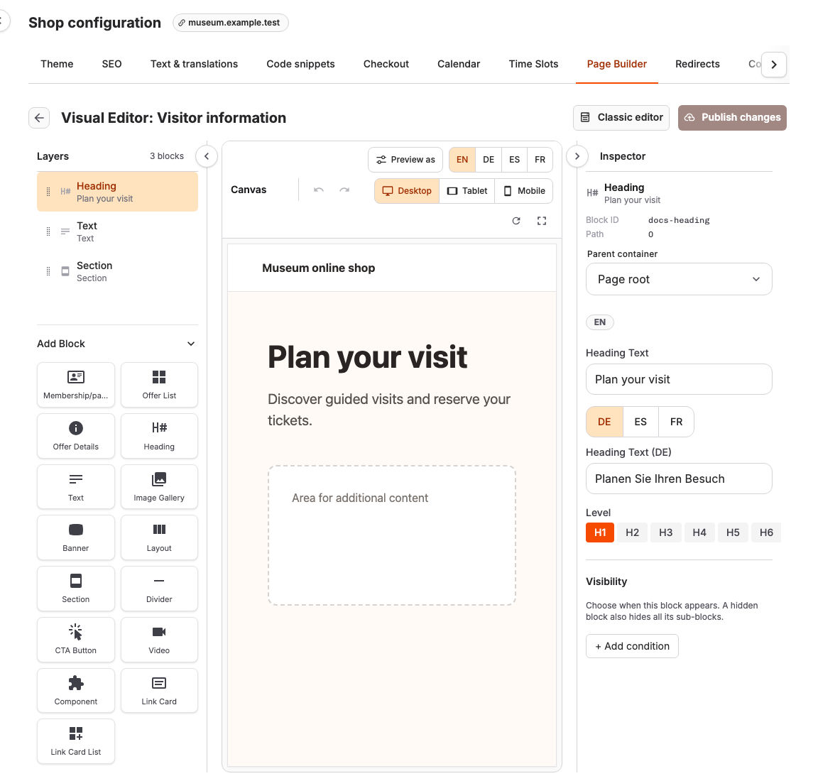 Visual Page Builder with a heading selected in Layers and its settings in the Inspector