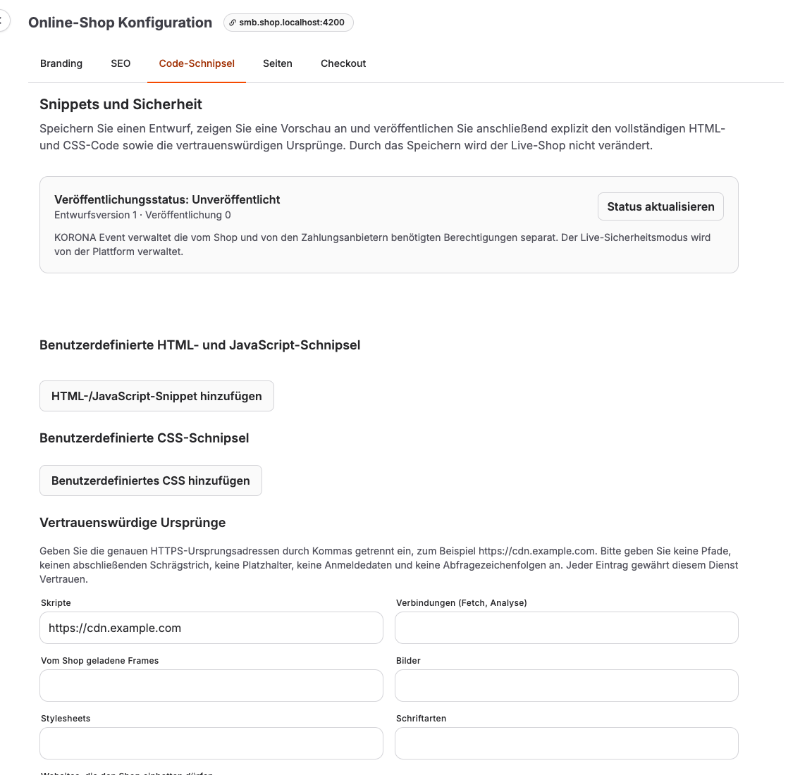 Shop-Snippet-Editor mit Entwurfsfunktionen und separaten Kategorien für vertrauenswürdige Quellen