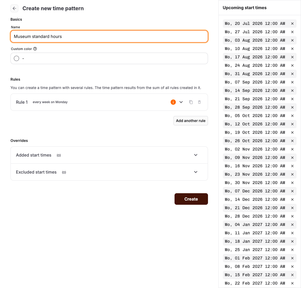 Time pattern editor with excluded start times