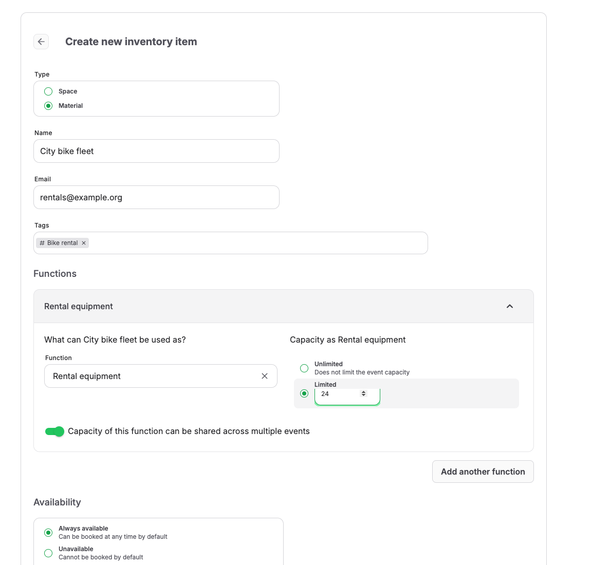 Resource inventory form for equipment or staff