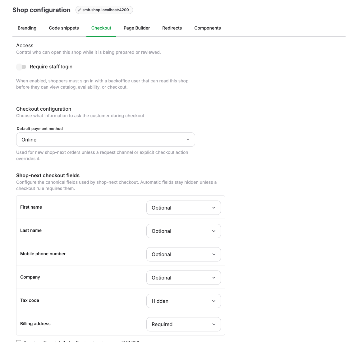 Shop checkout configuration in the back office