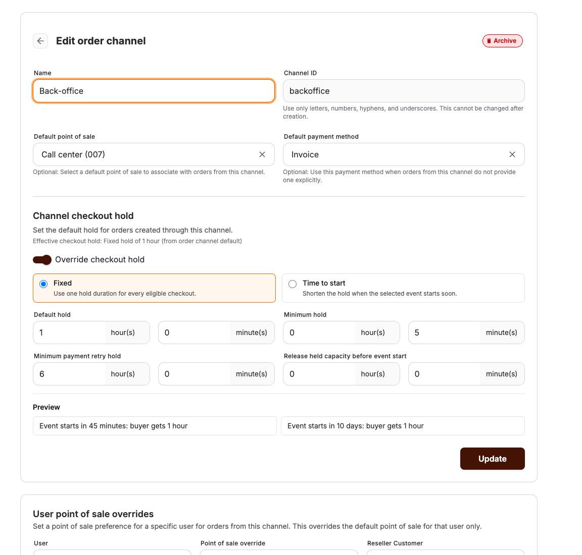 Back-office order channel with Invoice selected as the default payment method