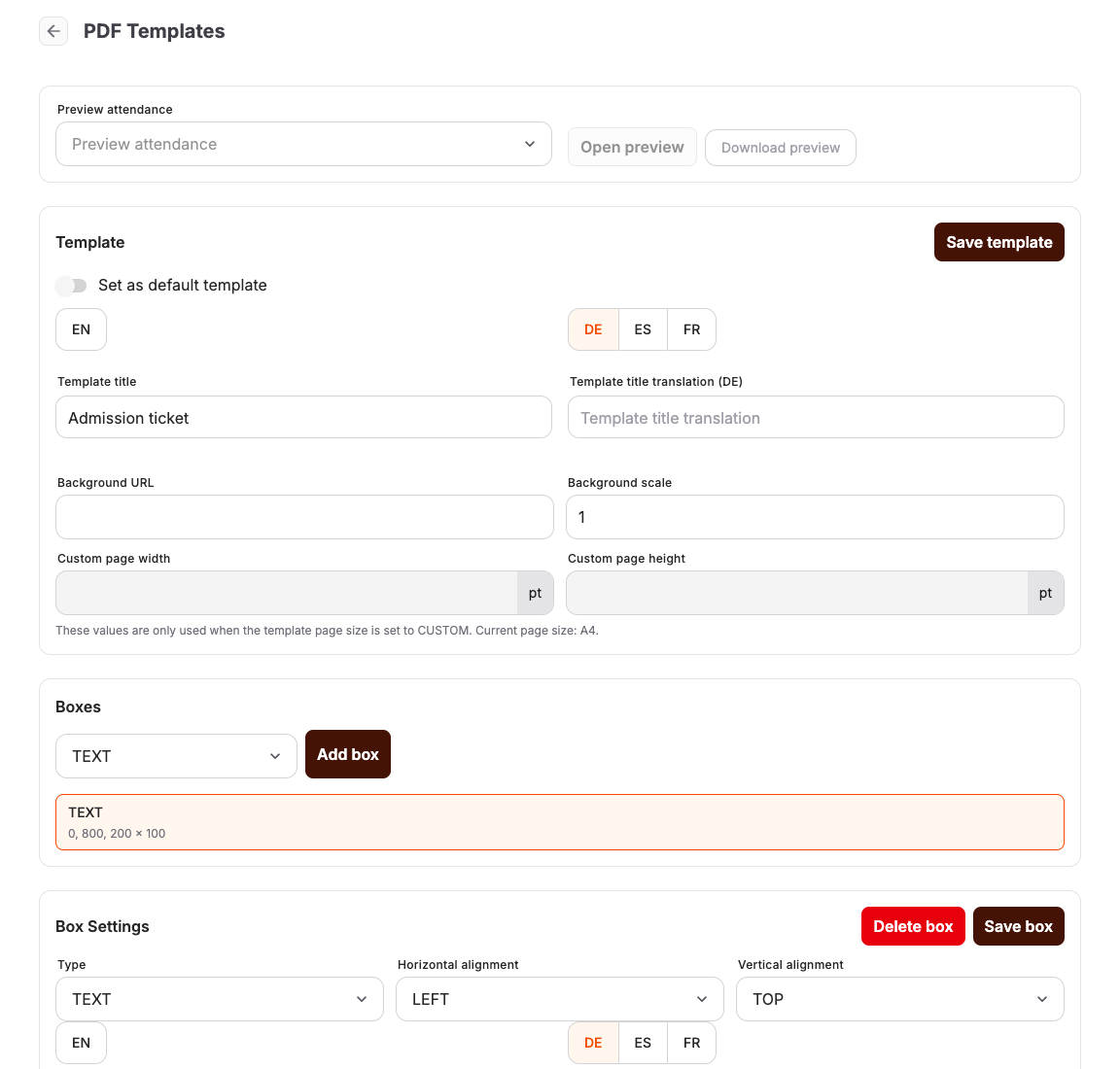 Ticket PDF template editor with layout controls and preview