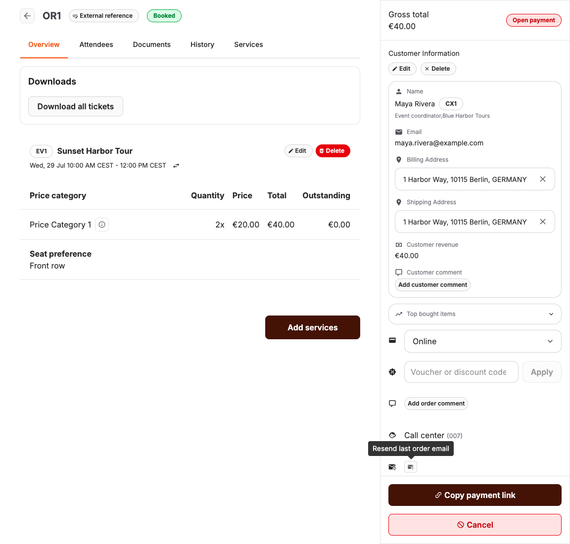 Order overview with the Resend last order email action visible