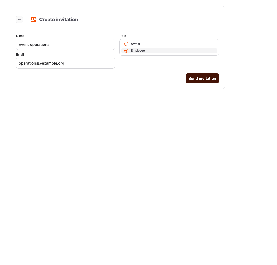 User invitation form with role selection