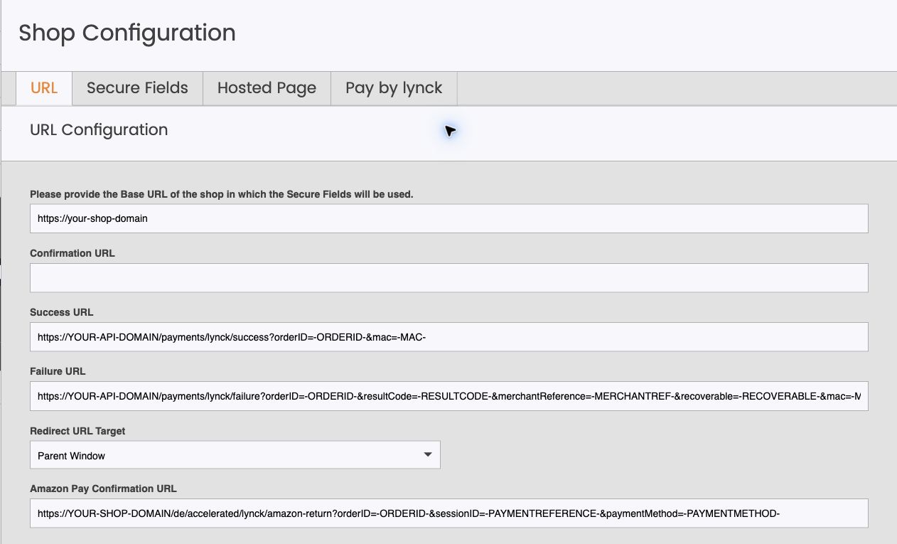 Lynck URL configuration with complete failure placeholders and a separate Amazon Pay confirmation URL