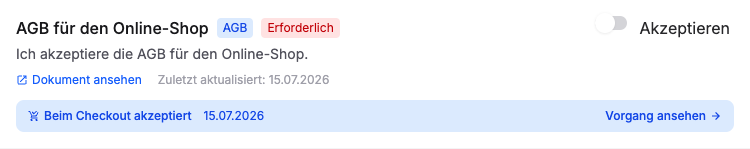 Registerkarte „Kundenzustimmungen“, auf der die während des Bezahlvorgangs erfassten Einwilligungen angezeigt werden